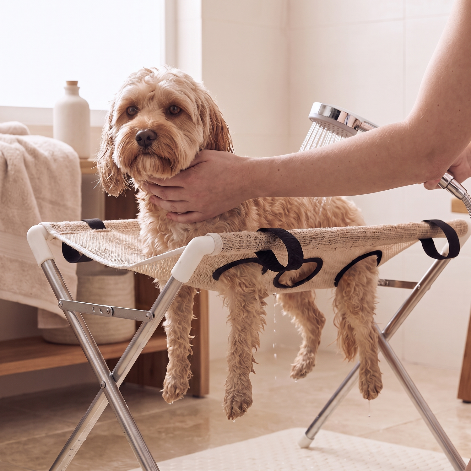 Apricot dog being bathed in a beige PupCradle hammock with all four legs safely through separate openings