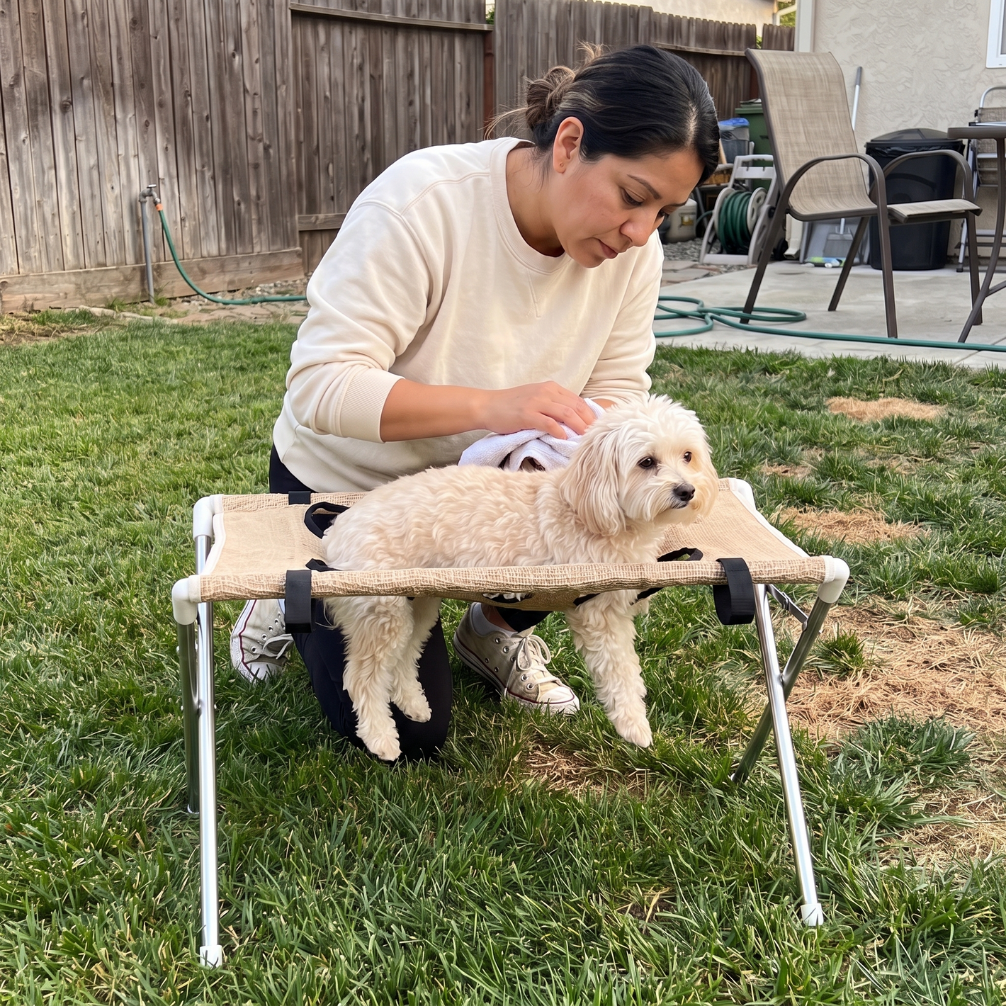 Small cream dog supported in beige PupCradle during a casual backyard grooming routine