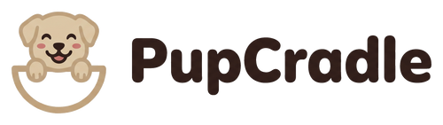 PupCradle logo with smiling puppy resting in a cradle