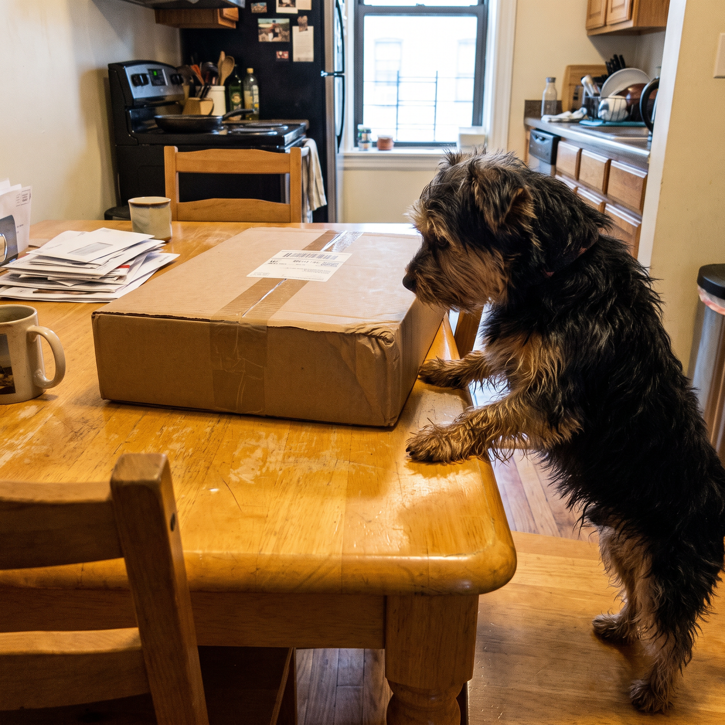 Curious small dog inspecting a newly delivered cardboard package on a kitchen table
