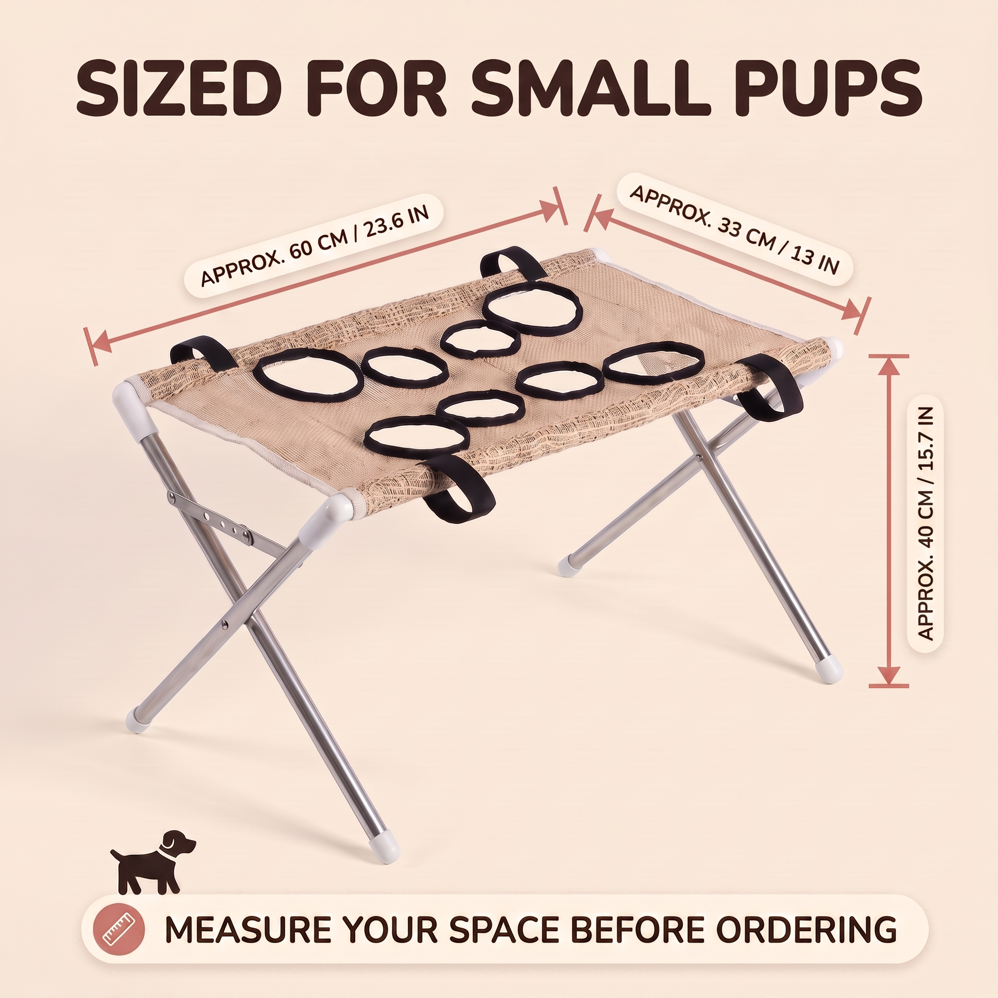 PupCradle beige grooming hammock size guide: approximately 60 cm long, 33 cm wide, and 40 cm high