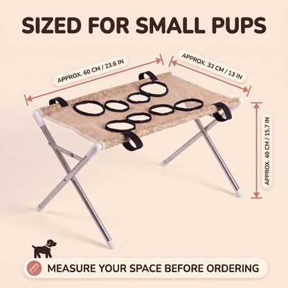 PupCradle beige grooming hammock size guide: approximately 60 cm long, 33 cm wide, and 40 cm high